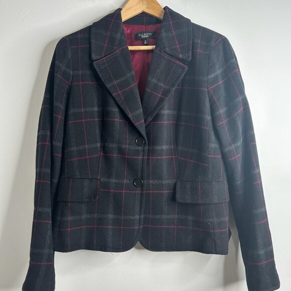 Talbots Blazer Jacket Womens 14 Black Red Plaid Wool Blend Preppy Academia - Picture 1 of 10